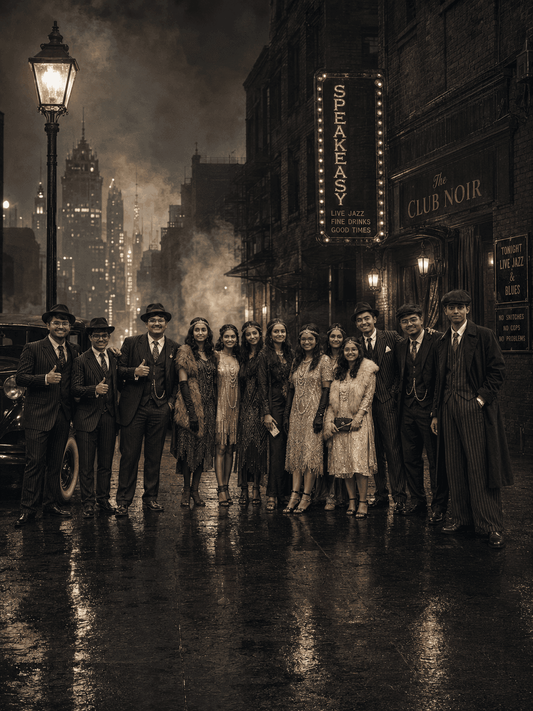 Friends dressed for the 1920s gathered outside The Club Noir speakeasy at night